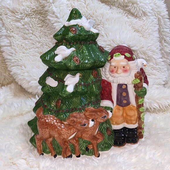 Santa & Deer Meet by Pine Tree Cookie Jar - Picture 1 of 12